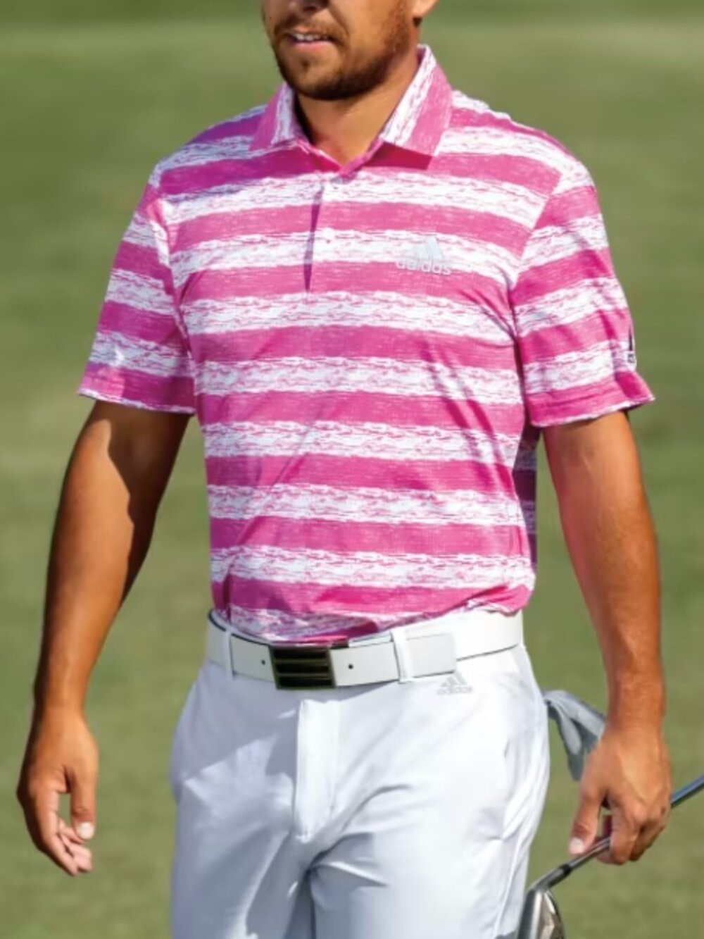 Adidas Painted Stripe Polo Shirt Mens 2XL Pink Short Sleeve Aeroready Mesh
